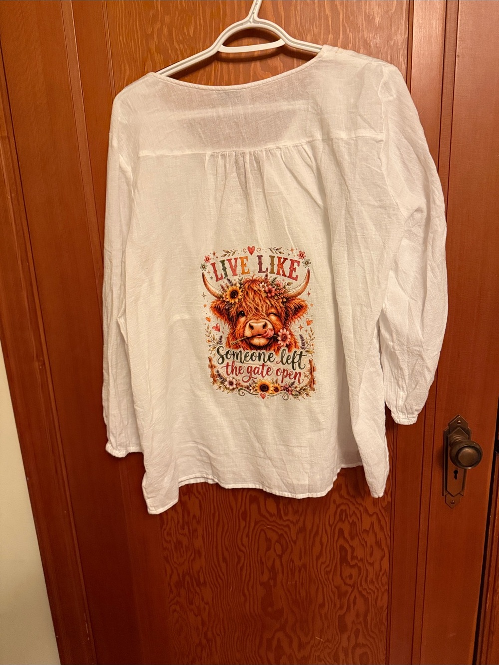Lucky Brand White Long-Sleeve Graphic Blouse with Orange & Brown Cow Motif